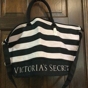New Victoria Secret Canvas Overnight Tote Bag Pink and Black Striped Exspands